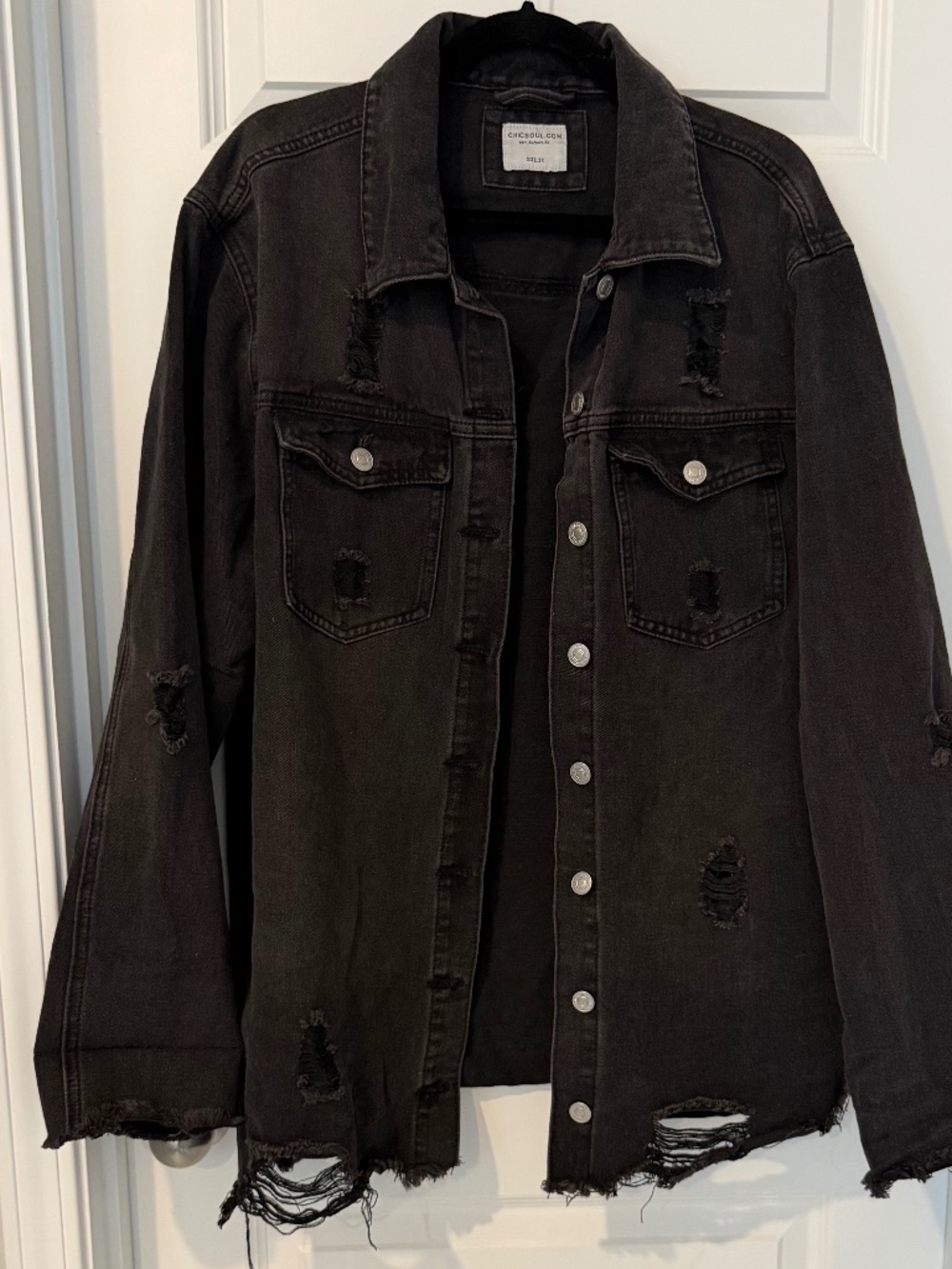 Chic Soul Distressed Denim “Shacket” in Black Denim EUC